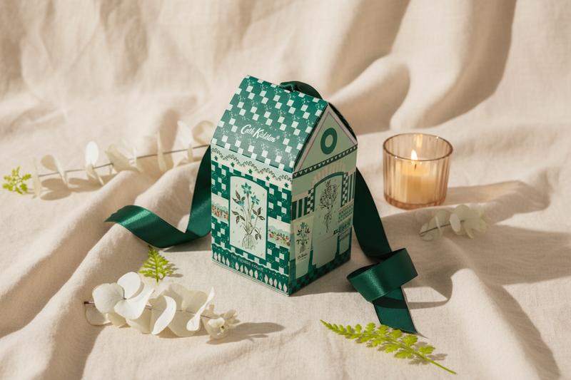 Lifestyle flatlay of a premium women's gift box styled with botanical sprigs, ribbon and candlelight in deep forest green and soft mint tones