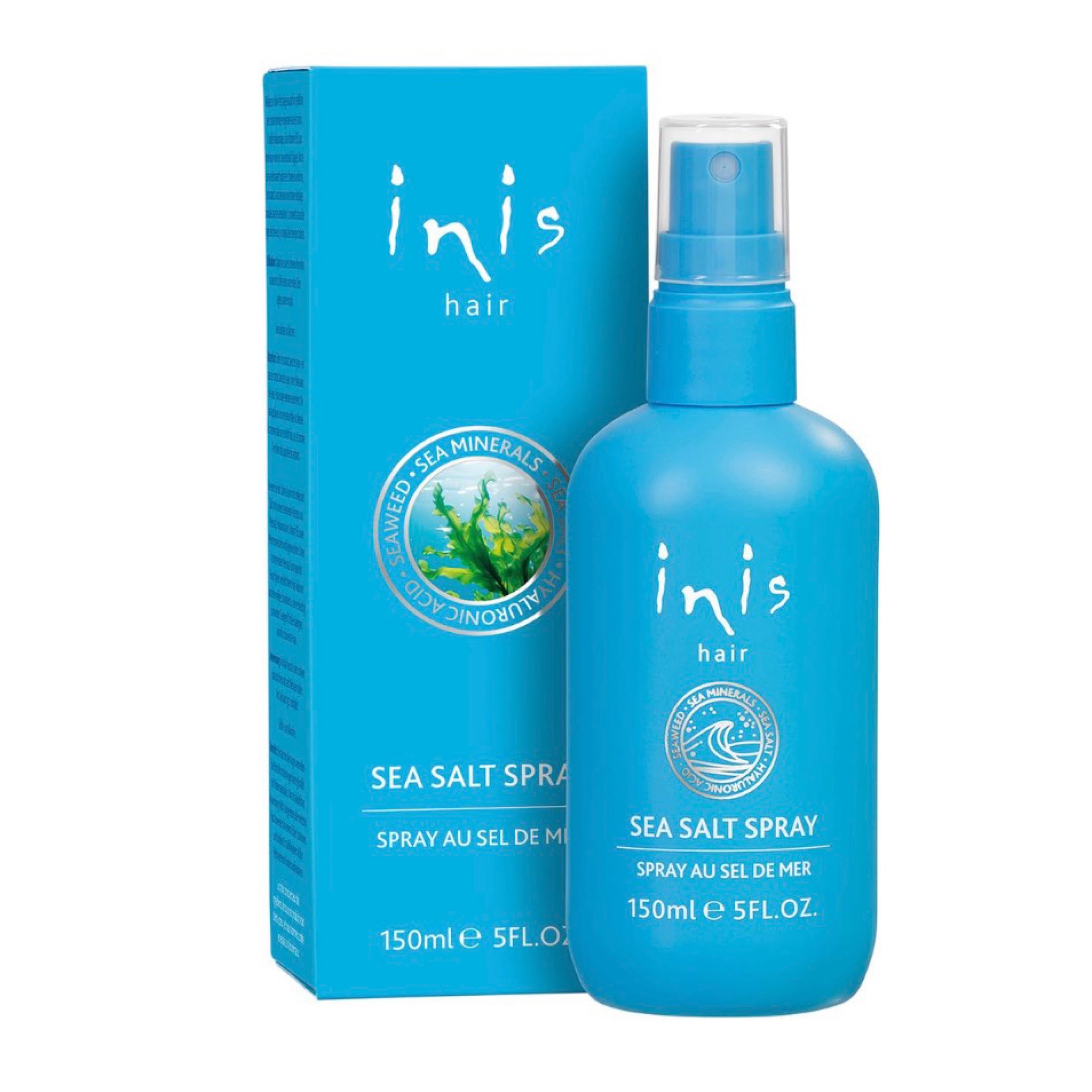 Inis Hair Sea Salt Spray 150ml blue spray bottle and branded box on white background