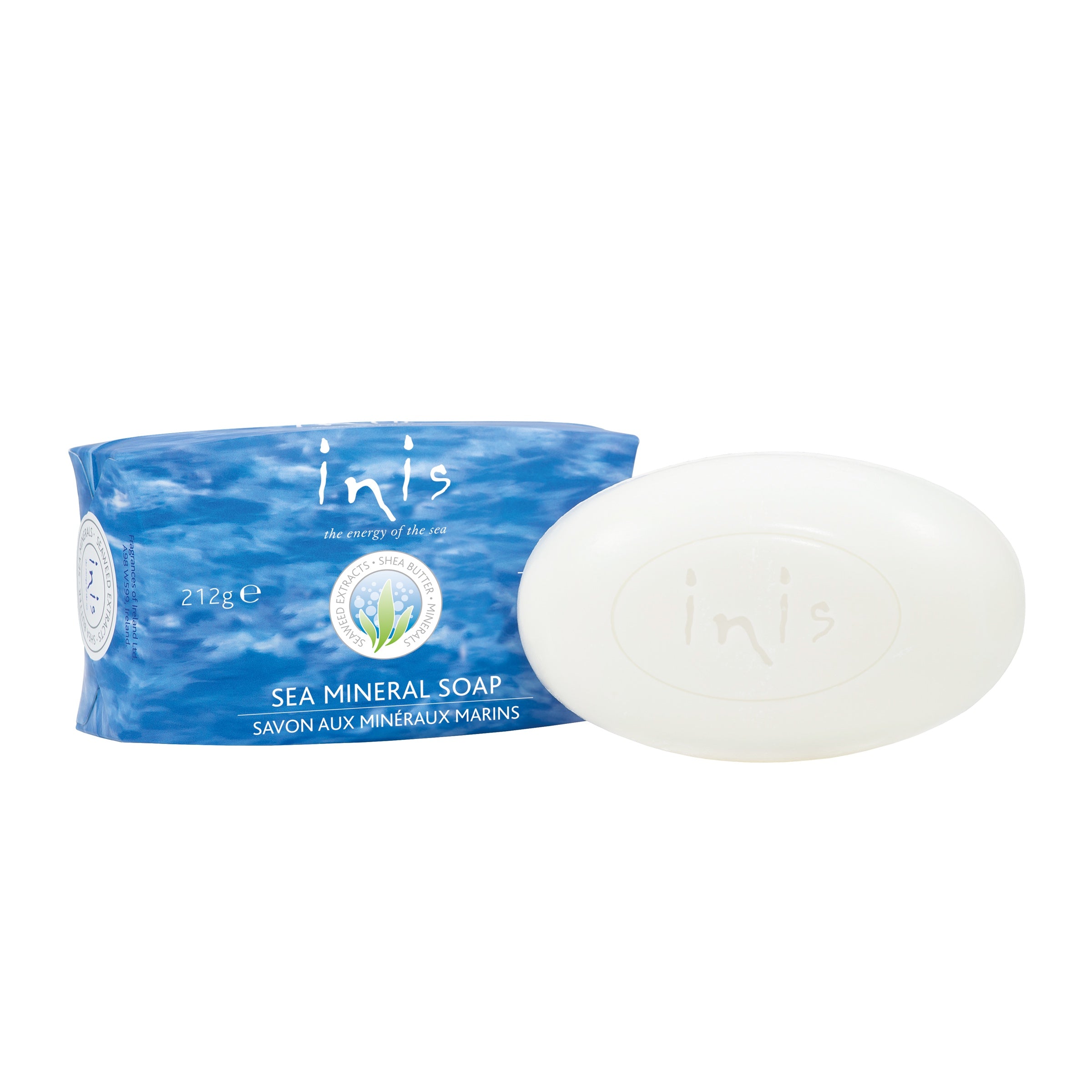Inis Large Sea Mineral Soap 212g oval white soap bar embossed with Inis logo, with blue wave-patterned wrapper packaging