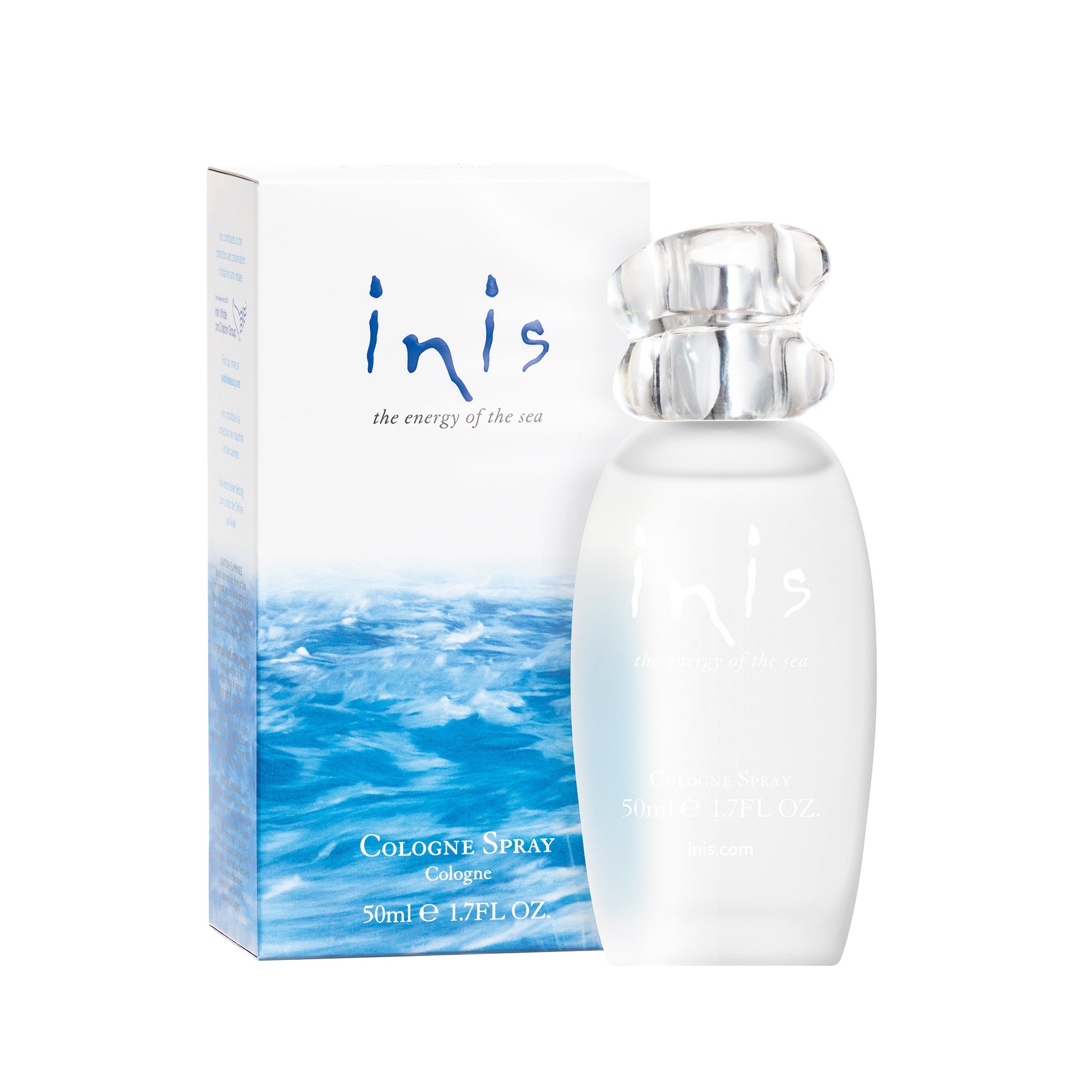 Inis Cologne Spray 50ml frosted bottle with wave-cap stopper next to ocean-themed box, on white background