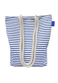Inis navy and white fine-striped canvas beach bag with thick rope handles and blue Inis branded tag, on white background