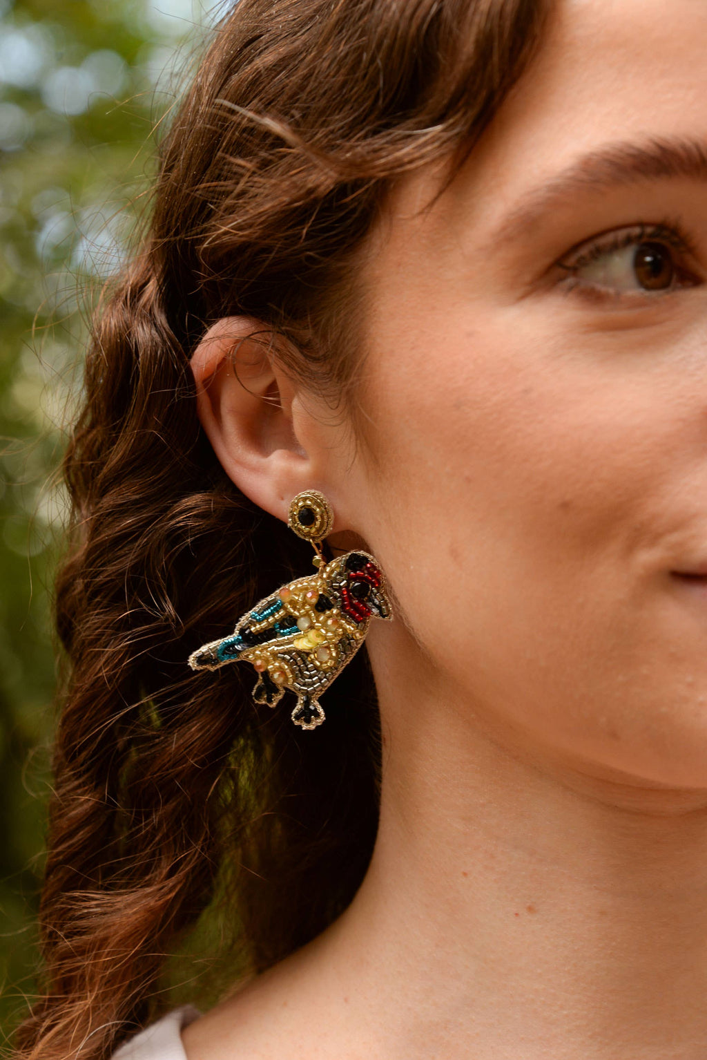 Beaded Goldfinch Small Bird Drop Earrings