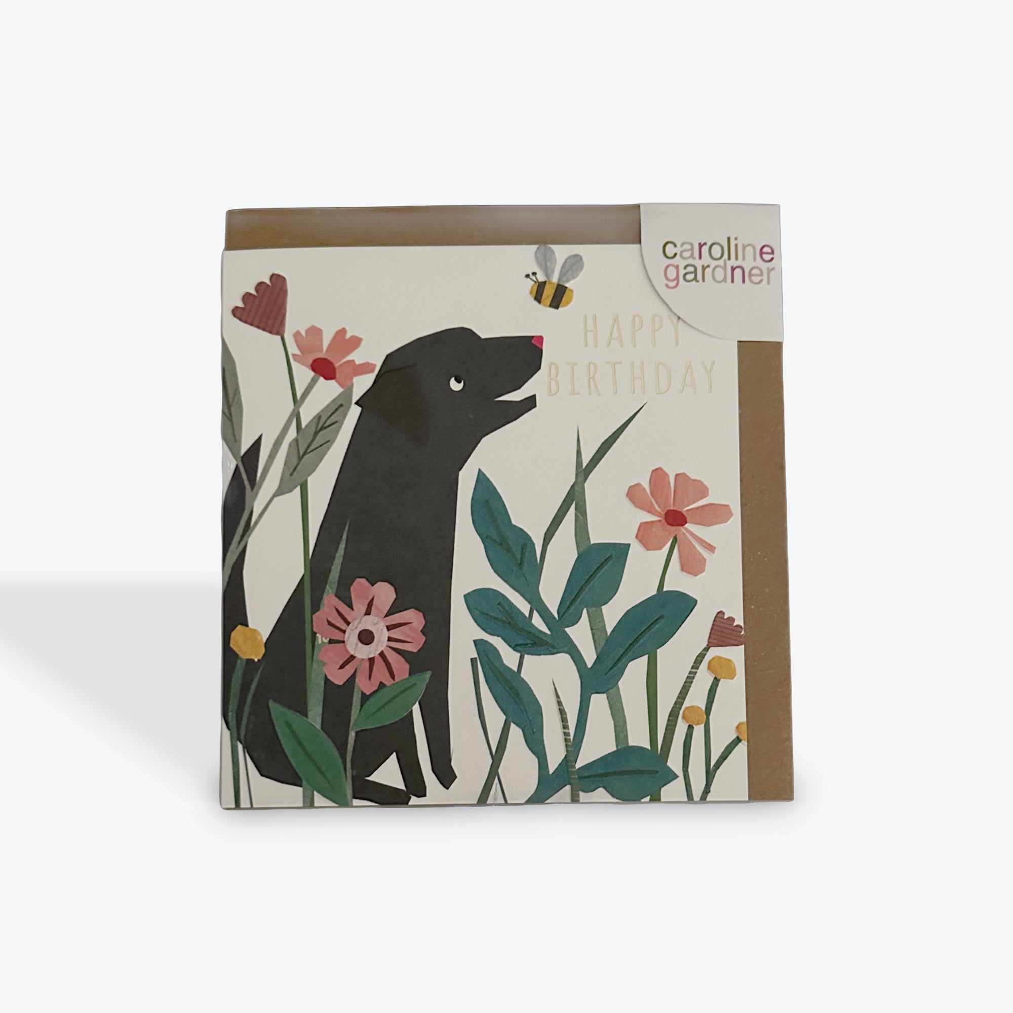Happy Birthday Collage Black Dog with Bee in Flowers card