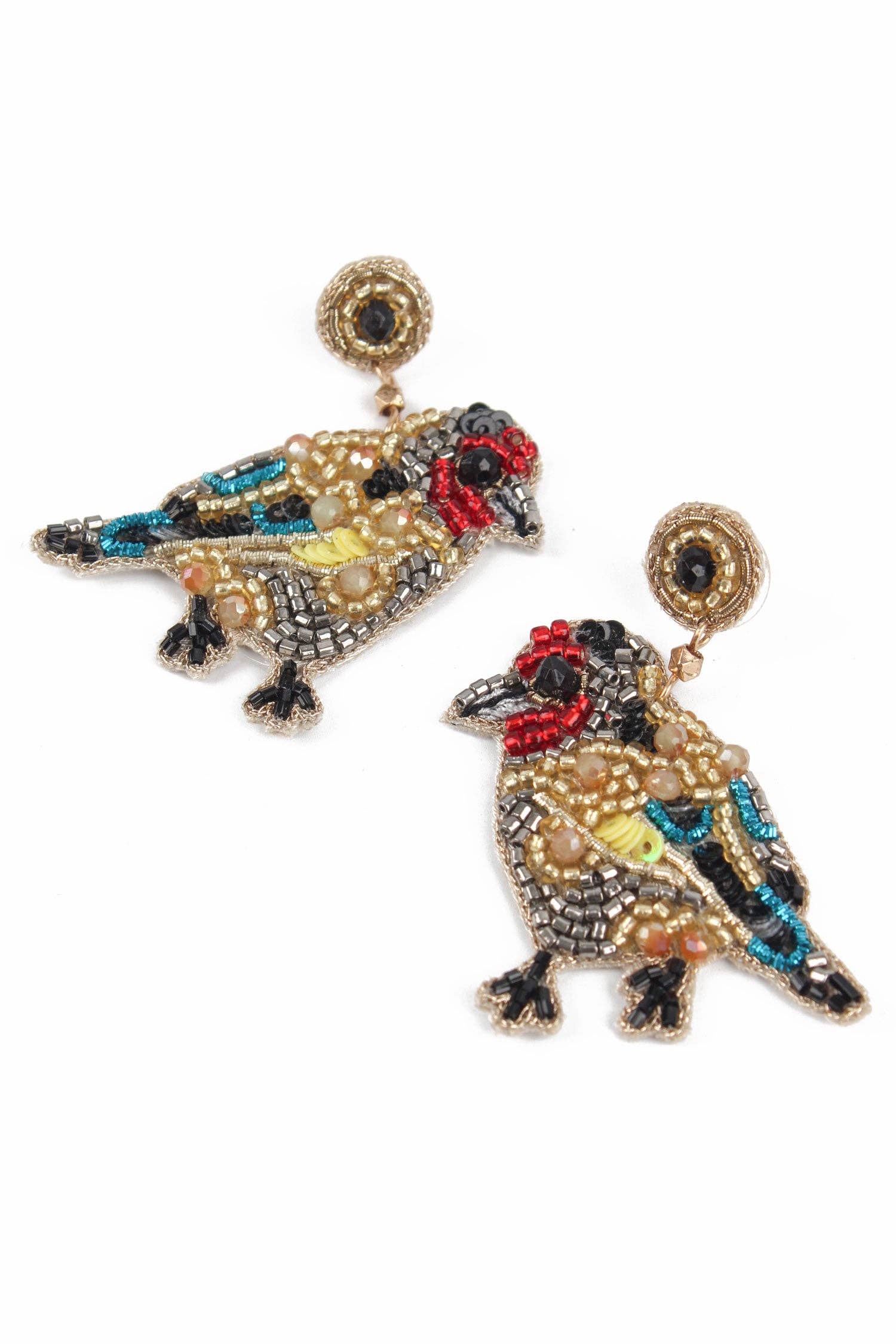 Beaded Goldfinch Small Bird Drop Earrings