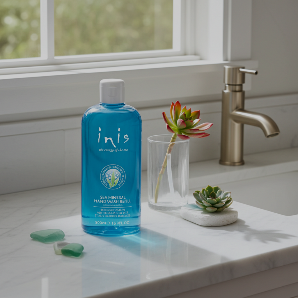 Inis Sea Mineral Hand Wash Refill 500ml blue bottle on a marble bathroom counter with succulent plants and a vase