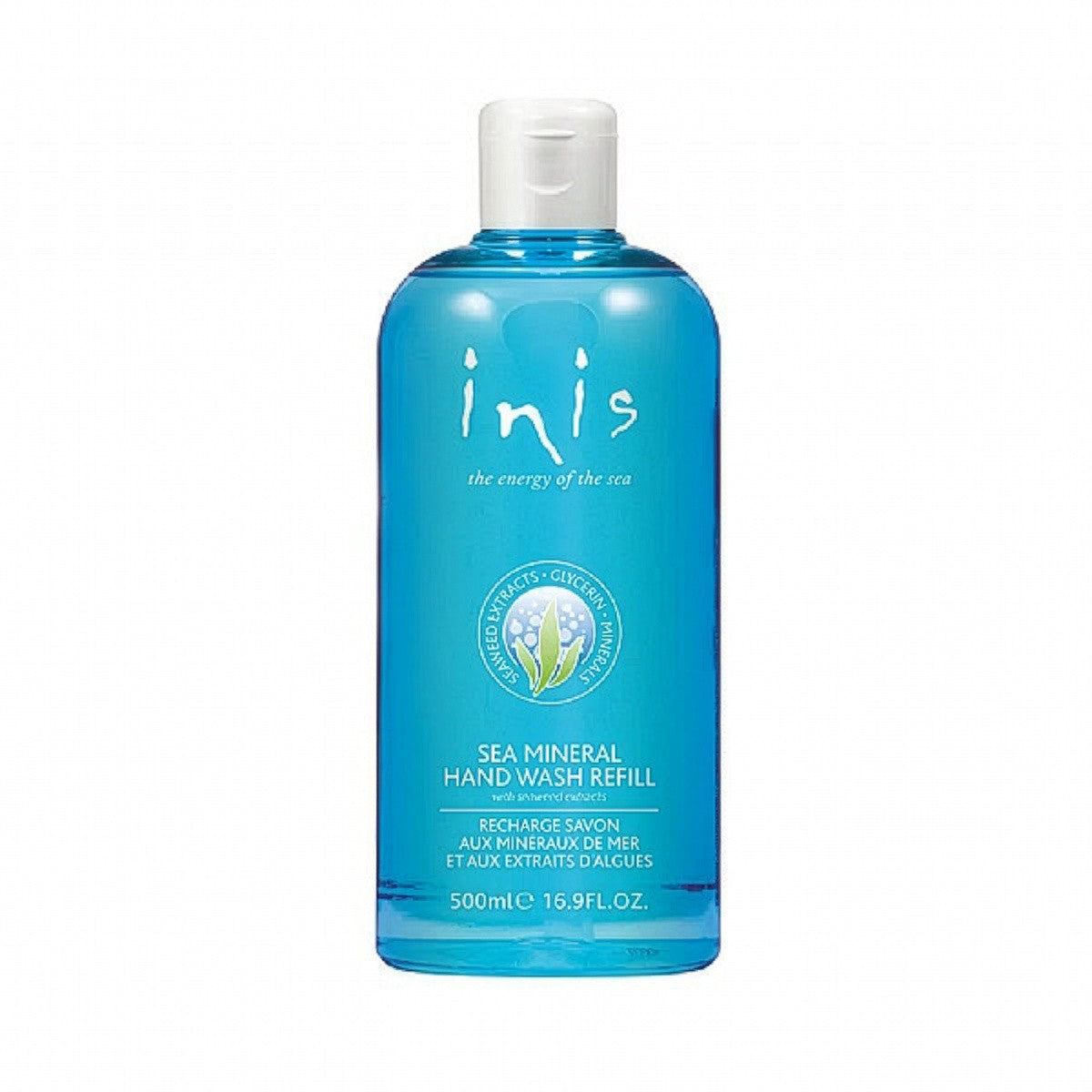 Inis Sea Mineral Hand Wash Refill 500ml large blue bottle with flip-top cap on white background