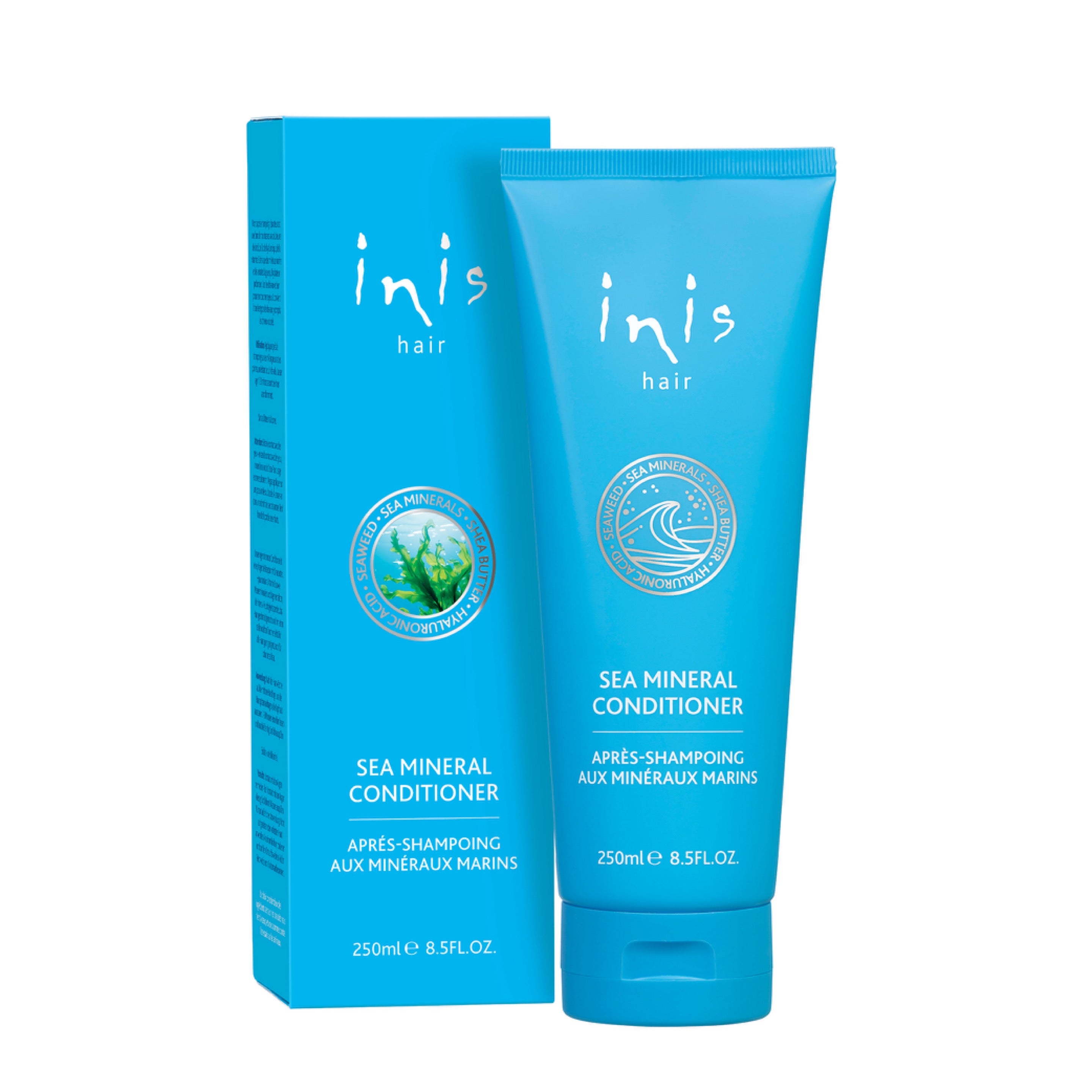 Inis Hair Sea Mineral Conditioner 250ml blue tube and branded box on white background