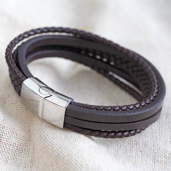 Mens Layered Vegan Leather Straps Bracelet in Brown Large
