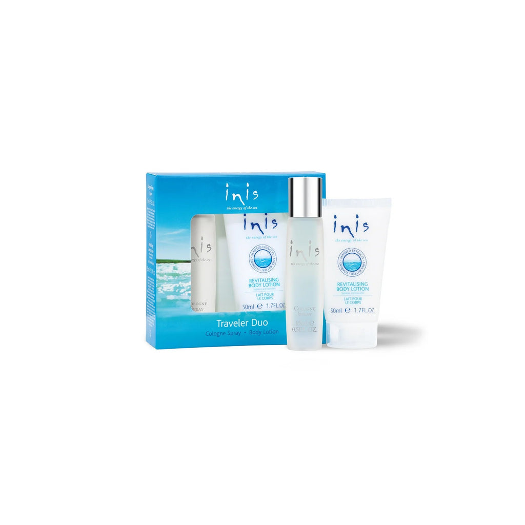Inis Traveler Duo Set blue windowed box with cologne spray 15ml and revitalising body lotion 50ml, on white background
