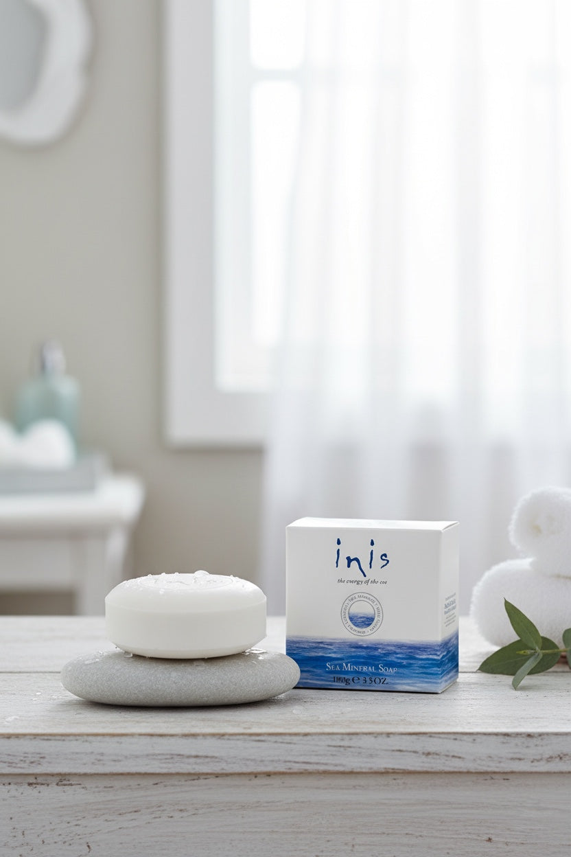 Inis Sea Mineral Soap 100g bar resting on a grey pebble with box on white wooden surface alongside white towel